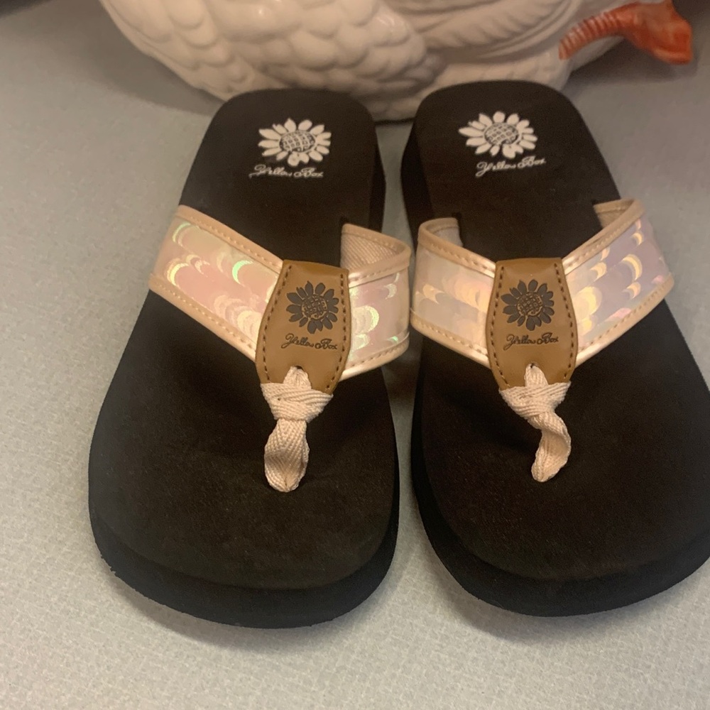 Yellow Box Pink Iridescent Thong Sandals with Black Footbed